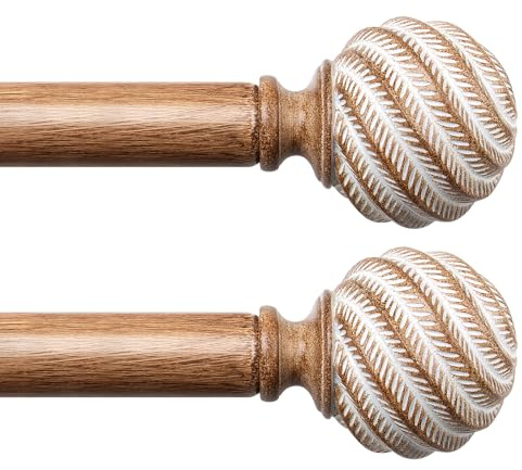 TONIAL Gardinenstangen aus Holz für Fenster, 2,5 cm, verstellbar, strapazierfähig, 81,3 - 147,7 cm, mit Holzmaserung, Blattmuster, Endstücke, Boho-Gardinenstange für Wohnzimmer, Schlafzimmer, drinnen