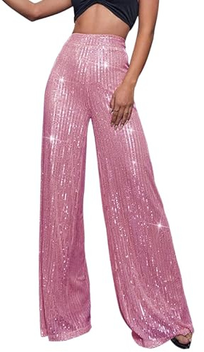 Generisch Pailletten Hose Damen Glänzend Schlaghose Elastische Hohe Taille Glitzerhose Extra Lang Bootcut Pailettenhose Sparkle Glitter Hosen Weites Bein Sommer Freizeithose Große Größen Damenhose