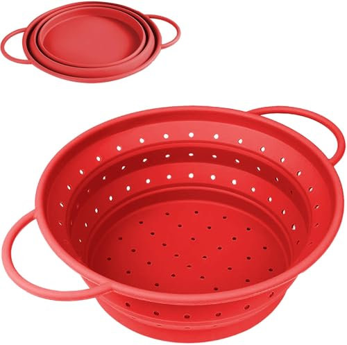 Zusammenklappbares Sieb aus Silikon, 28 cm, faltbares Küchensieb mit Griff, hitzebeständig (rot)