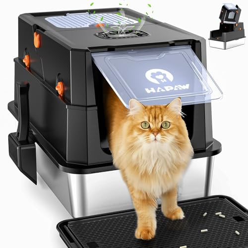 HAPAW Stainless Steel Cat Litter Tray with Lid, Anti-Leakage Enclosed Cat Litter Box, Flip-Top Extra Large Metal Litter Tray with Scoop & Pedal, Non-Sticky, Odor Free, Front & Top Dual Entry (Black)