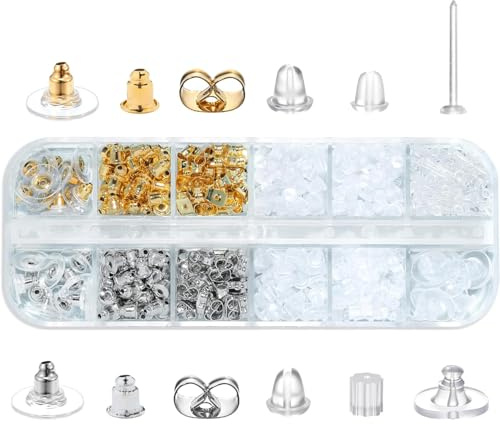 Canollo 600 Stück Ohrstecker Verschluss Set, 12 Styles, Silikon & Metall | Ohrringe Stecker, Ohrläppchenhalter, Silikon Stopper, weich und leicht, sortiert in Aufbewahrungsbox