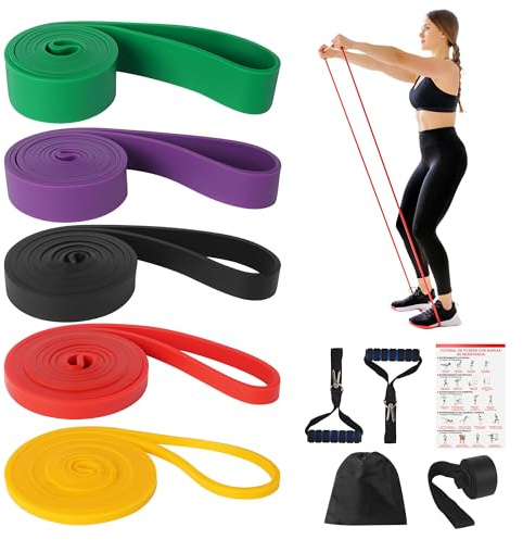 Fitnessbänder Set mit 5 Widerstandsstufen, 2 Griffen, 1 Türanker, Tragetasche, Trainingsanleitung, Theraband, Gymnastikband für Yoga, Kraftraining, Training für Männer und Frauen