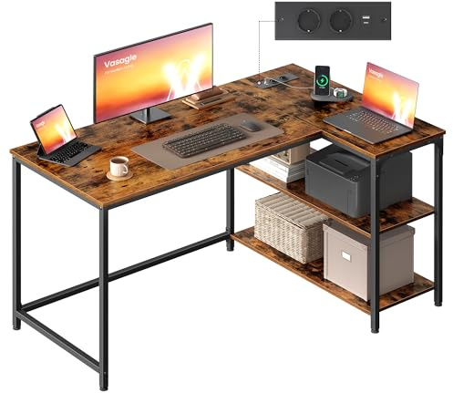 VASAGLE Eckschreibtisch in L-Form, Computertisch, 120 x 80 cm | mit Stauraum, höhenverstellbare Ablage, 2 AC-Steckdosen und 2 USB-Anschlüssen, rustikales Braun, BARNET Kollektion LWD132KD01