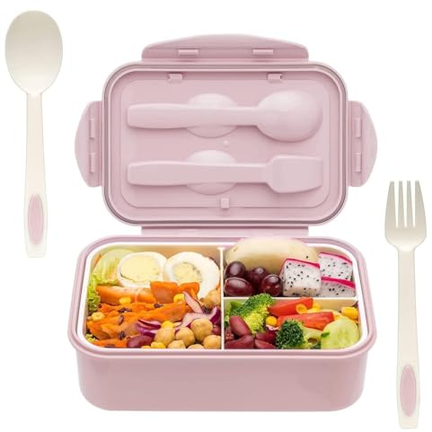 Wsetyy Bento Lunch Box with 3 Compartments, 1200ML Lunch Bento Boxes Meal Prep Containers with Fork and Spoon for Adults School Office, Dishwasher Safe Micro-Wave Safe (Pink)