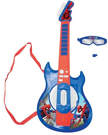 Lexibook Spider-Man Chitarra elettronica illuminata con microfono, occhiali con microfono, canzoni demo, MP3 plug, blu/rosso, K260SPLXB