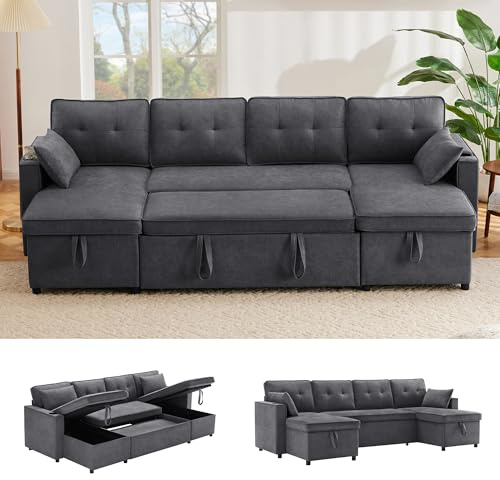 Bladez Divano letto a forma di L con portabevande intercambiabile Chaise Longue moderno soggiorno divano in cotone (grigio, 4 posti)