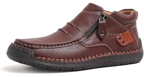 Men’s Handmade Premium Leather Slip-On Driving Boots, Men Side Zipper Orthopedic Shoes for Driving Hiking (Dark Brown,8)