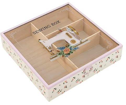 TIENDA EURASIA – Caja Costurero | Bandeja de 4 Compartimentos | Material Madera | Tapa de Acrílico | Diseño Multicolor | Medidas 24x24x5 cm (Rosa Claro)