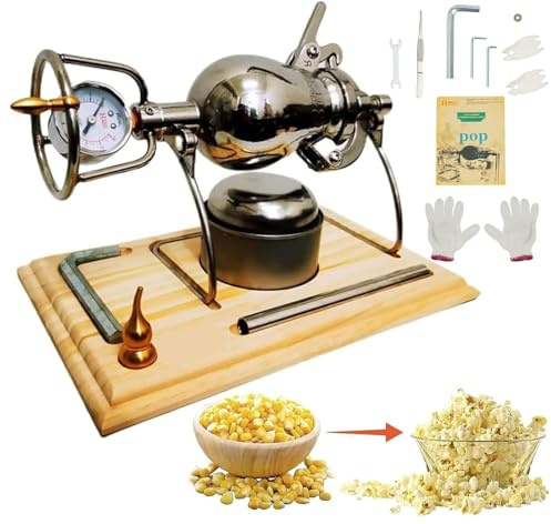 Traditional Chinese Popcorn Maker, Vintage Stainless Steel Pop-Corn Machine Manual Crank with Cotton Bag, Wooden Base, Pressure Popper for Home Theater Party Game Room(Silver,400 ml)