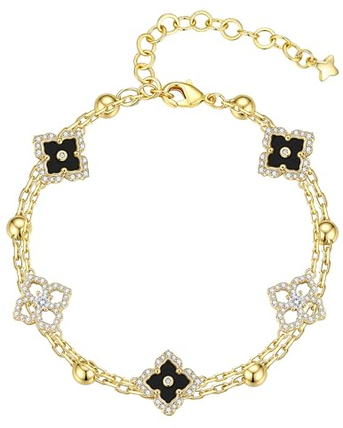 TINGN Gold Kleeblatt Armband Damen 14K Vergoldete Vierblättriges Kleeblatt Armband Verstellbar Schwarz Link Van Cleef Armbänder Armreif Glücksarmband Schmuck Geschenk für Damen