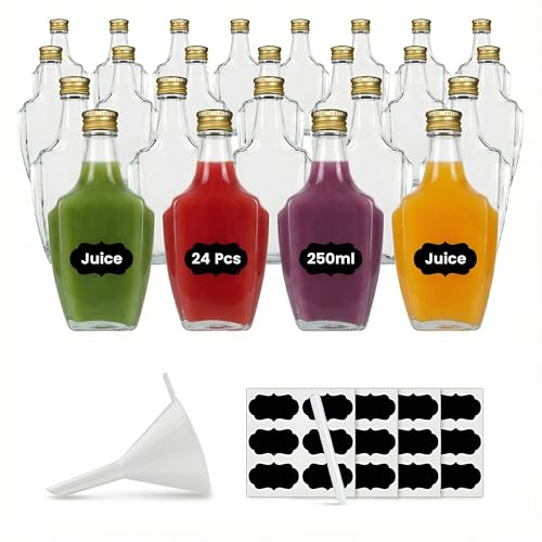 Amajoy, lotto di 24 bottiglie di vetro vuote da 250 ml con tappo a vite, bottiglie per vino, smoothie, acquavite, aceto, olio