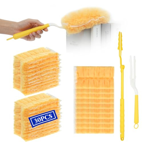 Vicloon Plumero Atrapapolvo Doble Cara, 30Pcs Plumero Duster Recambios Kit Antiestático Atrapan y Bloquean el Polvo y los Alérgenos para Limpiar Persianas Pelo de Animales con 2 Mango para Swiffer Kit