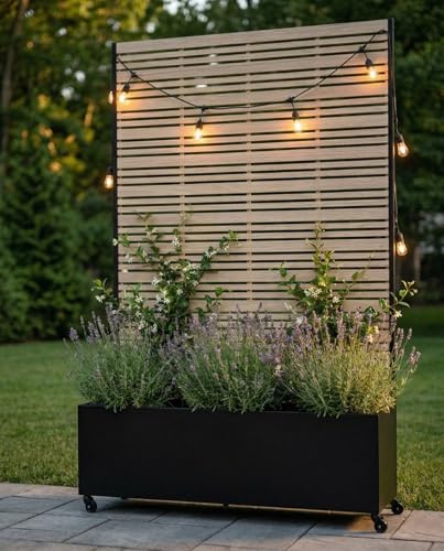 Hochbeet Metall mit Sichtschutz, Pflanzbeet Pflanzkübel Pflanzkasten Frühbeet Gartenbeet Blumenkasten Blumenbeet mit Rankgitter und Rollen wetterfest für Garten, Balkon und Terrasse