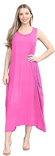 janisramone® Womens Parachute Italian Lagenlook Midi Dress, Sleeveless Round Neck Stretchy Tulip Dress, Plain Long Summer Dresses for Women UK, Casual & Holiday Ladies Midi Dresses