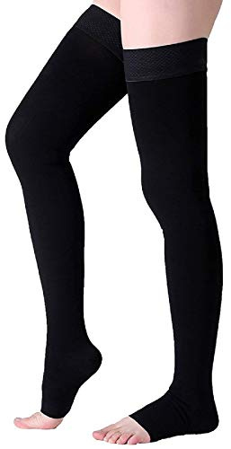 Wallfire Medizinische Kompressionsstrümpfe, 23-32mmHg Oberschenkel Stützstrümpfe für Damen Herren Relief Verhindern Krampfader (Color : Black, Size : XL)