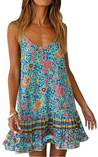 Qearal Women Summer Sundress Boho Spaghetti Strap Backless Floral Print Mini Dress with Pockets