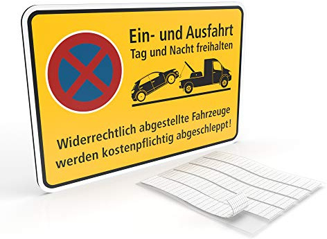 Betriebsausstattung24 Hinweisschild Ein- und Ausfahrt Tag und Nacht freihalten - Falschparker werden abgeschleppt - BxH 30,0 x 20,0 cm - Aluminium Verbundplatte inkl. Klebestripes