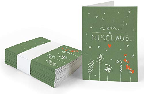 25 Geschenkanhänger vom Nikolaus, Grün Weiß Rot, originelle mini Weihnachtskarten zum Weihnachtsgeschenke Beschriften, exklusiv individuell verspielt, A7 Recyclingpapier Klappkarten
