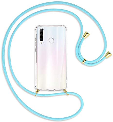 mtb more energy Handykette kompatibel mit Huawei P30 Lite, P30 Lite New Edition (6.15'') - Himmelblau/Gold - Smartphone Hülle zum Umhängen - Anti Shock Full TPU Case