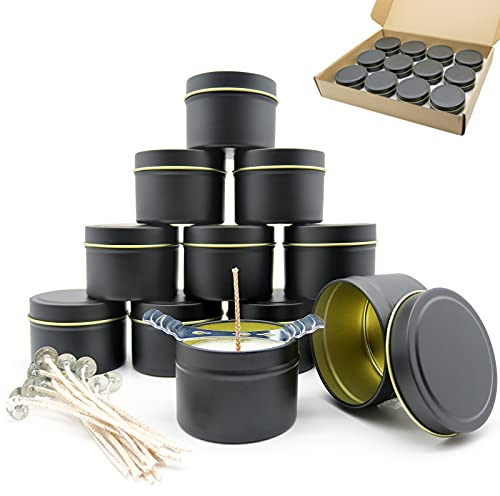 KOOLPUG Kerzendosen, Kerzendosen leer, 12 stücke Kerzengläser mit 15 Soja Pre Waxed Kerzendochte, Kerzengläser leer mit deckel, Kerzendosen Weihnachten, Kerzendosen set(schwarz)