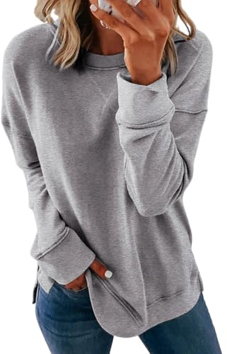 Dokotoo Womens Casual Long Sleeve Crewneck Sweatshirt Side Split Loose Fit Solid Basic Pullover Tunic T Shirts Tops Sweatshirts for Women 2026 Fashion Fall Gray Large