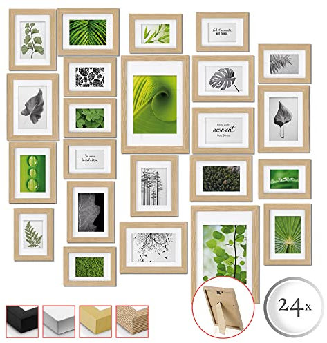 bomoe 24er Bilderrahmen Set Nature – 10x 10x15 cm, 8X 13x18 cm, 4X 15x20 cm, 2X 20x30 cm Fotorahmen Collage Bilderrahmen mit Passepartout - Bilder Rahmen aus Holz & Kunststoff Fotowand Eiche