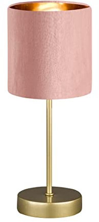 Fischer & Honsel Tischleuchte Aura, Edle Tischlampe im klassischen Design mit Schnurschalter, 1x E 14-Fassung, Metall in Goldfarben & Samt-Schirm in Rosé, Höhe: 34cm