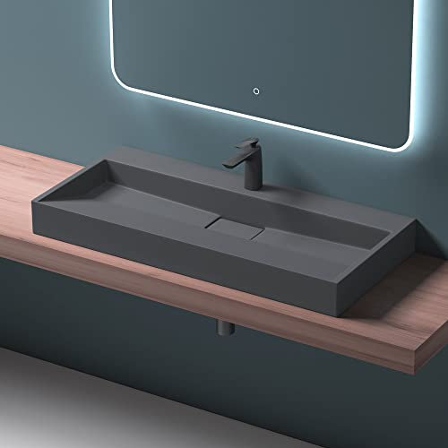 Mai & Mai Lavabo sobre Encimera Lavabo Suspendido Baño | Rectangular | Antracita Mate | Mármol Fundido | 100x46x11cm | 1 Orificio para Grifo con Válvula de Desagüe | Colossum19