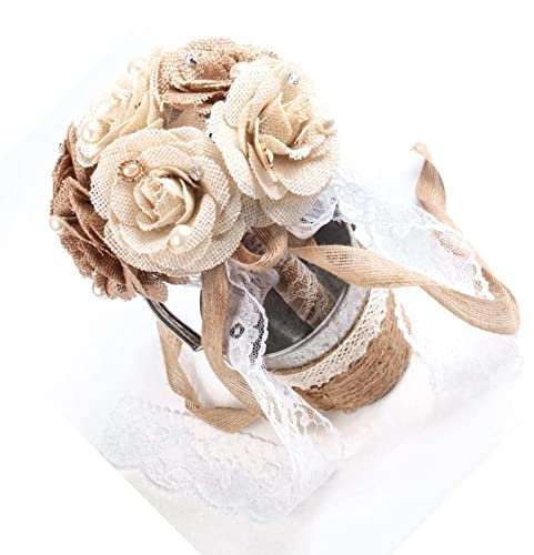 CHAMEEN Bouquet da sposa rustico, juta, bouquet, pizzo e perle, matrimonio, fidanzamento, anniversario, decorazione