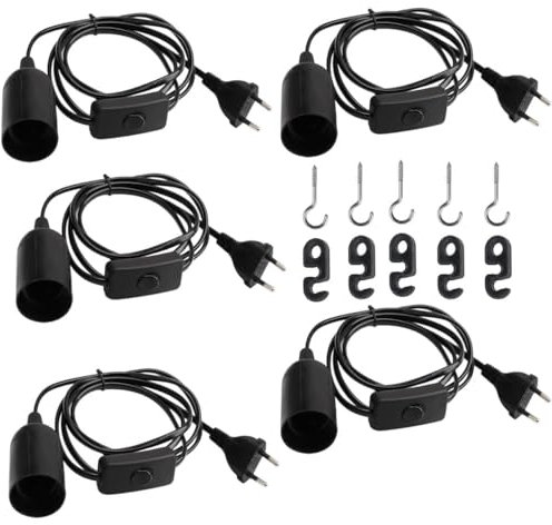 LNGJIN 5 Stücke E27 Lampenfassung mit Schalter und Netzkabel, E27 Lampensockel mit EU Stecker,e27 Sockel Lampenfassung,Lampenfassung mit Kabel,für Lampenaufhängung, Pendelleuchte, Deckenlampe