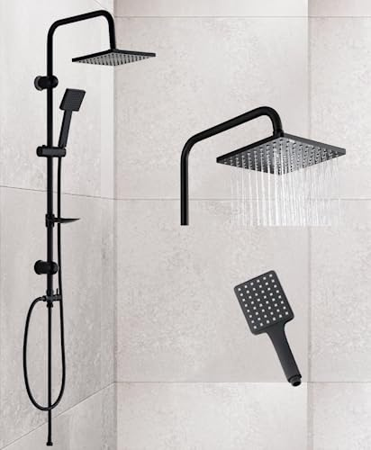 Faizee Möbel | Regendusch System Set 500mm Schlauch fürs Badezimmer | Höhenverstellbare Duschsäule mit Regendusche & Handbrause (Schwarz)