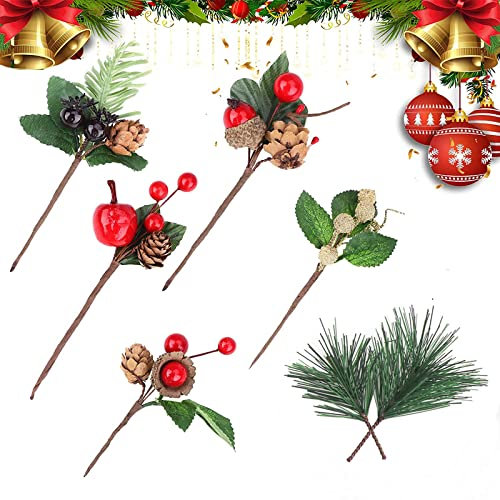 Yoaeyok 21 Pezzi Rami di Pino Natalizio Artificiale, Rami di Abete con Pigne Bacche di Agrifoglio per Natale Ghirlanda Decorazione Decorazioni da tavola Feste Ornamenti Natalizi