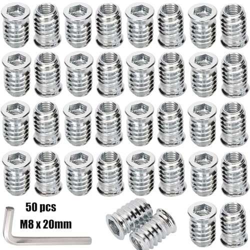 CRLYLC Lot de 50 écrous à visser M8 x 20 mm, insert fileté en bois, manchons filetés, douille à visser, en alliage de zinc, écrou à enfoncer, six pans creux, pour meubles en bois