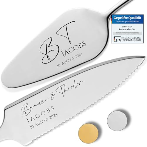 SMARTEON Cake-Server Set mit Tortenmesser und Personalisierter Gravur Initialen – Hochzeitsgeschenke für Brautpaar, Geburtstag, Jubiläum, Geschenkidee für Paare – Siberfarbenes Set in Geschenkbox