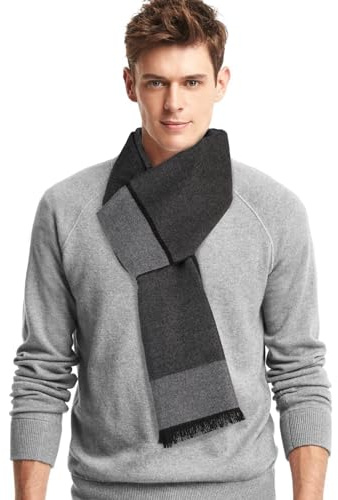 Minicoco Men's Winter Scarves - Soft, Warm Tassel Cashmere & Wool Stripe Plaid Tartan Scarf (Stripe Plaid, Black)