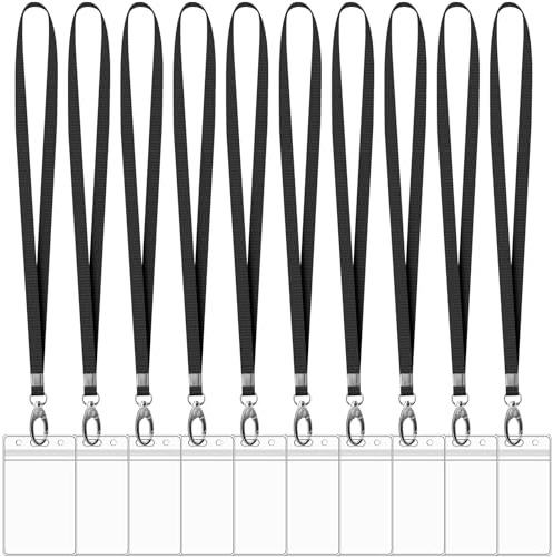 Avorast 10 Pack Vertical ID Card Name Tag Badge Holders with Lanyards, Lanyard with Waterproof Extra Thick Plastic Clear Badge Holders, Sealable Zip Card Holder for Office School Staff IDs (Black)