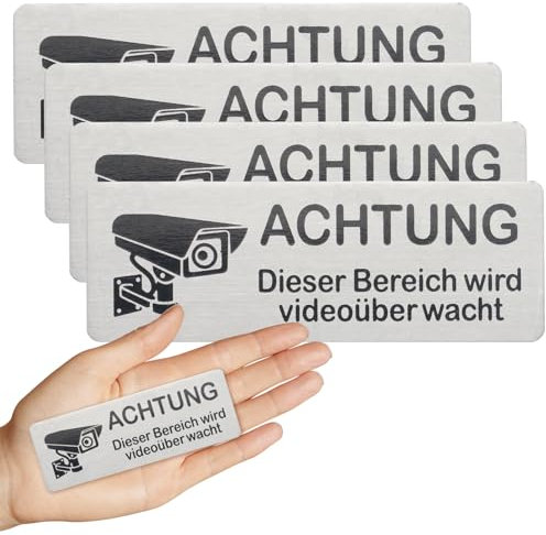 XxinXrong 4 Stück Videoüberwachung Schilder, Achtung Videoüberwachung Schild Privatgrundstück, Aluminium Hinweisschild Kamera Überwachung Schild, 85×30mm (4 Silber)
