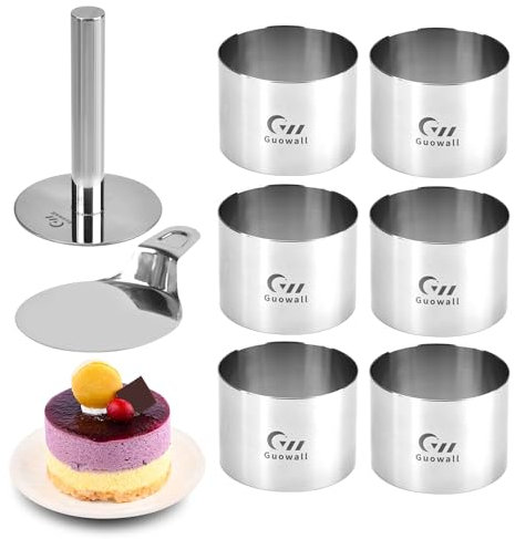 Guowall Anelli per Torte in Acciaio Inox - Set di Coppapasta Tagliapasta Anello, 6 Pezzi 7.6cm, con 1 Pressa e 1 Base, per DIY Mousse Torte Dessert