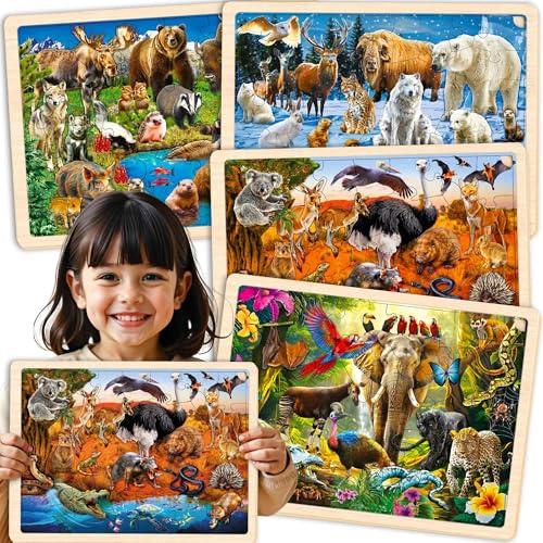 QUOKKA Kinderspielzeug Puzzle ab 3 4 5 Jahre - 4x24 Montessori Holzpuzzle Spiele ab 3 Jahre - Lernspiele Puzzle ab 5 - Geschenk Spielzeug ab 6 7 mit Polar -Tropen -Yellowstone - Australischen