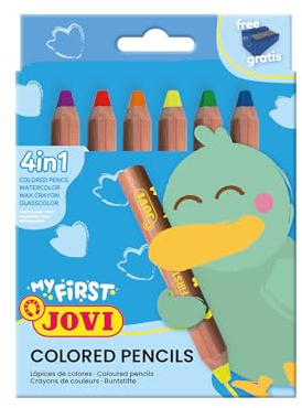 Jovi MY FIRST Buntstifte im Kartonetui, 6 Malstifte 4 in 1 in sortierten Farben inklusive 1 Spitzer