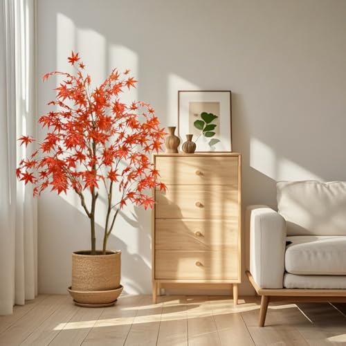 Hapihom 1,2 m - Érable artificiel avec pot - Feuilles d'érable rouges artificielles - Érable de soie - Arbre d'automne artificiel pour bureau, salon, véranda - Décoration de porte - Barre unique