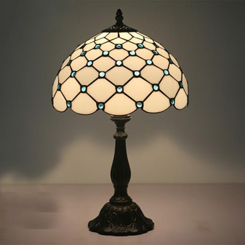 Lámparas de mesa estilo Tiffany con cuentas azules Lámparas de escritorio de 12 con vitrales blancos barrocos Lámpara de lectura de mesita de noche con base de resina Para sala de estar, dormitorio