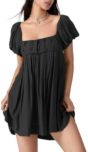 FeMereina Women's Summer Babydoll Short Dresses Puff Sleeve Square Neck Cross Tie Back Short Dress Ruffle Boho Solid Color Sundress (Black, L)