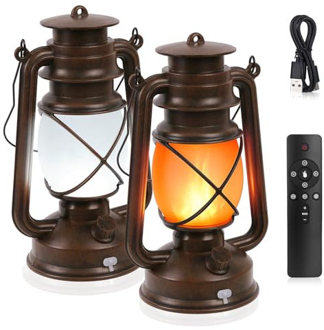 Shinmax Lanterne per esterni, 2 pezzi, in stile retrò, per esterni, vintage, effetto fiamma, da appendere, USB, per esterni, resistente alle intemperie, con telecomando