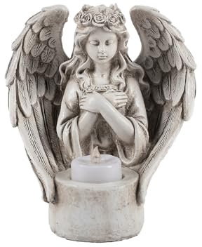 FIYSON Statues d'ange de jardin - Bougeoir ange en prière - Figurine d'ange gardien avec bougie chauffe-plat LED - Résistant aux intempéries - Décoration funéraire pour cimetière - Décoration en