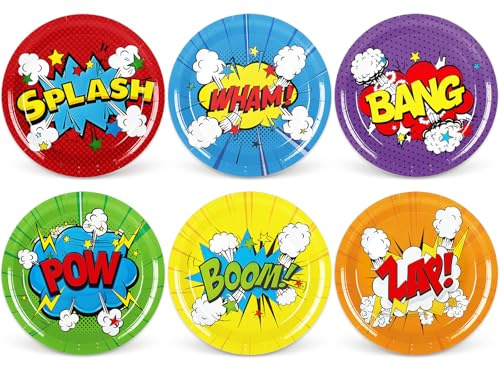Whaline Super Theme Hero Party Plates 9 Inch 6 Designs Disposable Paper Plates Colorful Dessert Salad Plate for Kids Birthday Party Supplies Table Decor, 24 Pcs