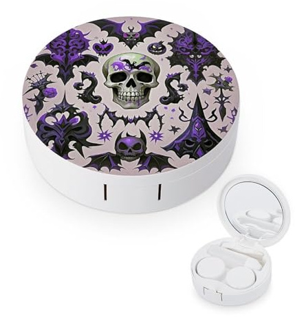 JTREWBV Boîte à lentilles de contact portable de voyage - Motif crâne gothique - Rond - Kit d'outils compact pour les voyages et la maison, blanc, Taille unique, Étui pour lentilles de contact