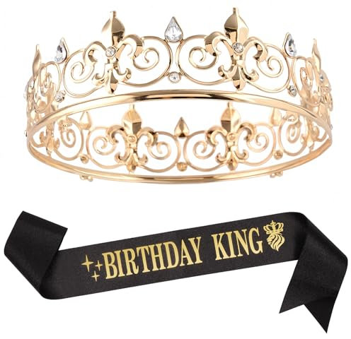 Dimetey Birthday King Crown and Sash for Men, Gold