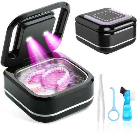 Dispositivo di pulizia ad ultrasuoni per protesi, 43000 Hz, pulitore a ultrasuoni UV, 180 ml, 2 modalità per protesi dentali, allineatori, retainer, paradenti, gioielli, vassoi sbiancanti
