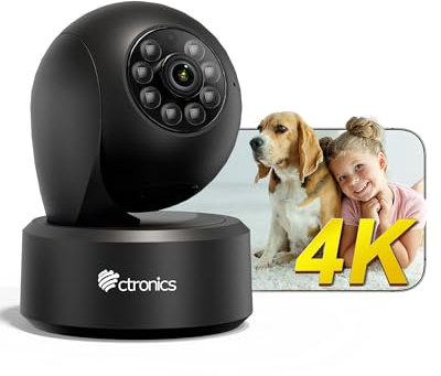 Ctronics 4K Camara Vigilancia WiFi Interior, Seguimiento Automático, Detección AI Humano/Mascotas, App/PC, WiFi 2.4/5GHz, Cloud & 256GB TF, FTP/NVR/NAS, 24/7, 355° Pan/ 120° Tilt, Visión Nocturna